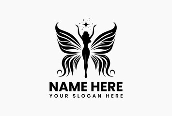 Obraz premium Enchanting silhouette logo featuring winged woman with outstretched arms pursuing bright star. Whimsical fairy tale emblem 