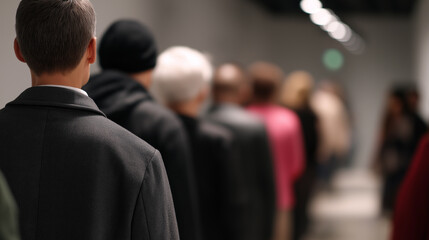 Long line of people waiting indoors in a brightly lit hallway, viewed from behind.
