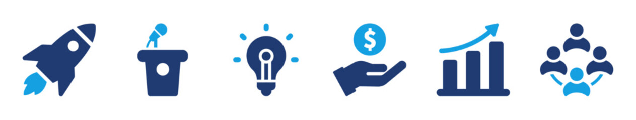 Startup icon collection showing rocket launch, pitch, idea, funding, growth chart, and teamwork in dynamic and modern solid style