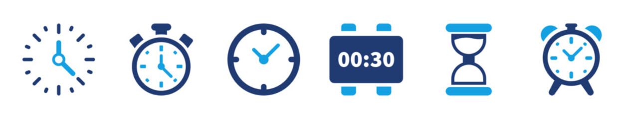 Clock and time icon collection featuring wall clock, stopwatch, digital timer, alarm, and hourglass in clean solid design style