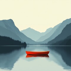 Red canoe on calm lake, mountains background, peaceful scene, nature travel