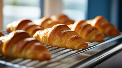 Golden, freshly baked croissants cooling on a metal rack in warm natural light.
