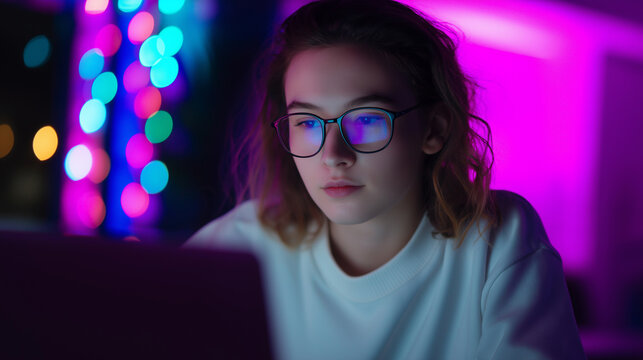 Close-up of a focused young woman wearing glasses illuminated by colorful screen light.
