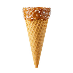 Delicious caramel-coated ice cream cone with sea salt atop, isolated on white background