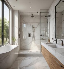 Modern bathroom with large window; natural light, marble countertop, stylish shower,  texture,  faucet,  marble