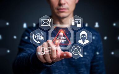 Person pointing at digital interface with highlighted scam alert icon among cybersecurity and communication symbols