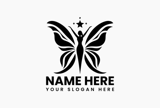 Enchanting silhouette logo featuring winged woman with outstretched arms pursuing bright star. Whimsical fairy tale emblem  