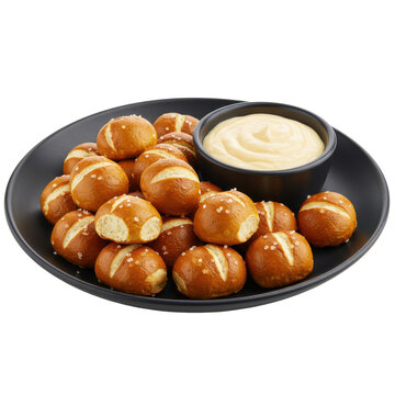 A platter of soft pretzel bites served with creamy dipping sauce on a black plate