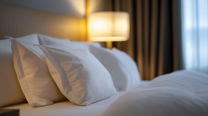 Fototapeta na wymiar Soft white pillows and a cozy bed in a warmly lit hotel bedroom interior. 