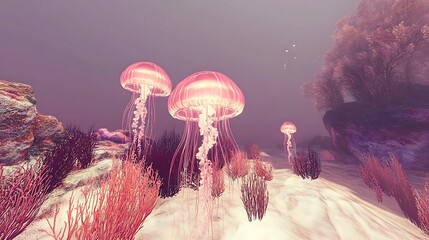 Pink Jellyfish Underwater Reef.