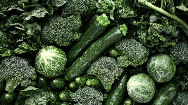 Dark Green Vegetables Flatlay Composition of Broccoli, Kale, Zucchini and Cabbage, Healthy Food Photography, Green Diet Green Vegetables, Healthy Eating
