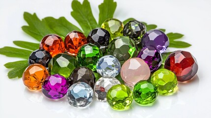 Faceted Gemstone Beads on Leaves Colorful Composition, Jewelry Photography, Crystal, Green Leaf Background Gemstones, Faceted Beads