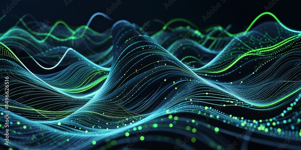 Poster dynamic digital wave patterns representing data flow in a dark background with vibrant neon colors a