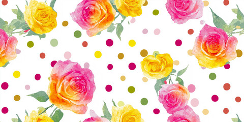 ピンク色を基調とした淡い水彩ローズの花柄パターン｜手描き、やさしい、可愛い、ガーリー、ナチュラル、背景素材、イラスト、ブライダル、カードデザイン用に最適