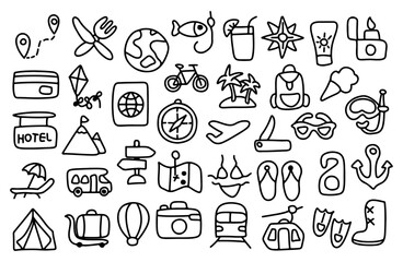Travel hand draw icons. Doodle set of travel icons. Travel and Tourism Related Objects and Elements