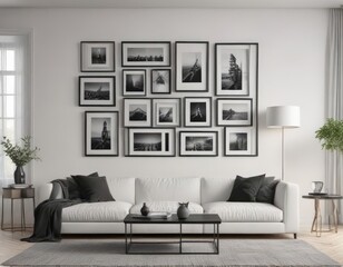 Sleek modern living room interior with empty black photo frames arranged on a white wall ,  white wall,  living room,  template