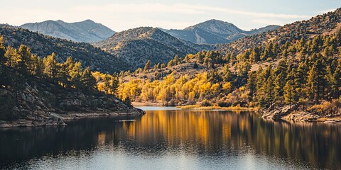 Obraz premium A serene alpine lake surrounded by lush trees and majestic mountains