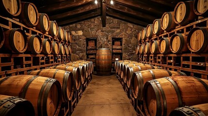 Wine Cellar Symmetrical Oak Barrels, Stone Walls, Winery, Winemaking, Storage Wine Cellars, Winery