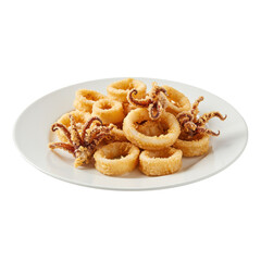 Plate of crispy calamari rings and tentacles served on a white dish, appetizing