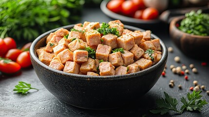Diced Ham Bowl with Dark Background.