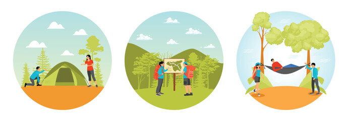 Naklejka premium Couple Setting Up a Tent. Checking Hiking Route Map. Enjoying a Hammock.