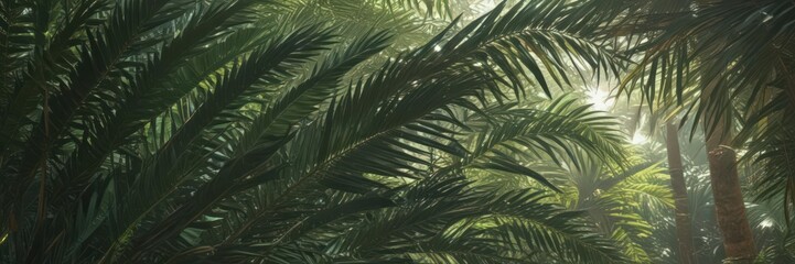 Deep emerald palm fronds, sunlight filtering through, intricate details , texture, nature
