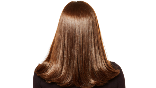 Smooth, glossy brunette wig styled straight for elegant and timeless hair presentation.