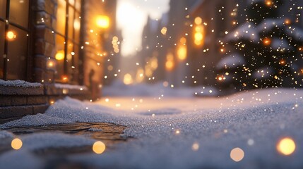 Obraz premium Enchanting winter street with glowing lights amidst soft falling snow scene