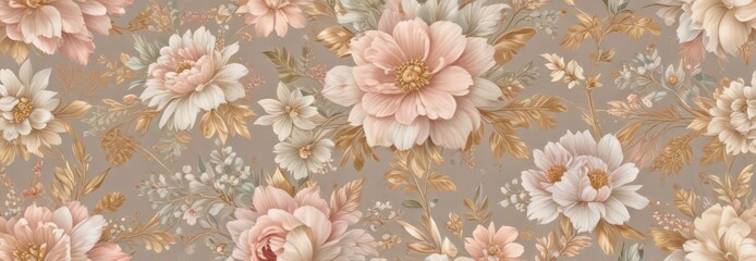 Pastel floral vintage wedding seamless pattern, gold accents, subtlety, subtle, repeat