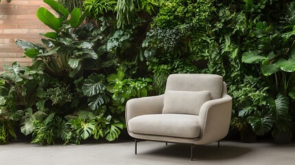 Light beige armchair amidst lush green foliage wall decor.