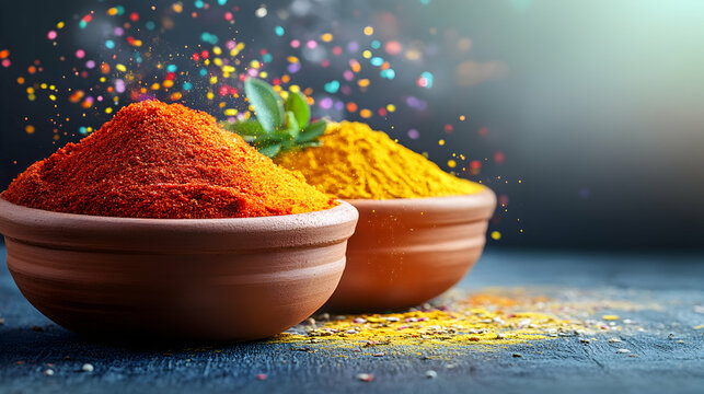 Vibrant red chili powder and yellow turmeric in rustic terracotta bowls, colorful confetti, spice market, Indian cuisine, food photography.