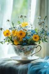 Yellow flowers in a vintage teacup decorated with wildflowers