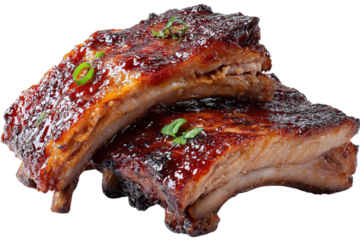 Delicious bbq pork ribs recipe glazed and grilled for summer barbecue party food on transparent background