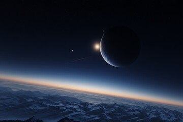 Planetary rise above a frozen world