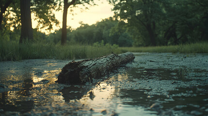 Serene sunset view of a muddy log in a tranquil swamp, showcasing the beauty of nature's stillness and the golden hour light.