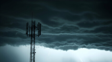 Dramatic silhouette of a cell tower against a stormy sky with lightning, conveying themes of power, communication, and resilience during adversity.