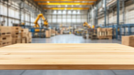Fototapeta premium Wooden Tabletop Against Blurred Factory Background