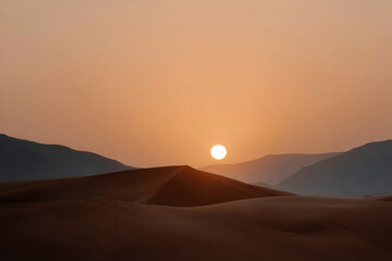 Obraz premium breathtaking desert sunset with golden sands and towering dunes sky ablaze with warm hues of orange and red