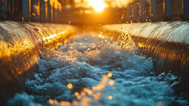 Golden hour sunlight illuminates cascading water flowing over a dam; close-up view of splashing water texture.