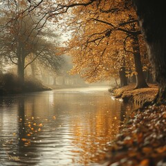 Autumnal canal, misty morning, golden leaves, peaceful scene, nature photography