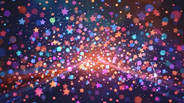 star rain in a plethora of vivid colors, dancing particles creating an enchanting abstract motion background, perfectly suited for new year and christmas 2025, luminous bokeh highlights