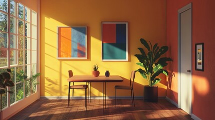 Sunny, colorful room with vibrant artworks and plants