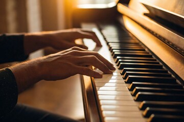 Close-Up of Hands Playing Piano Keys in Warm Light