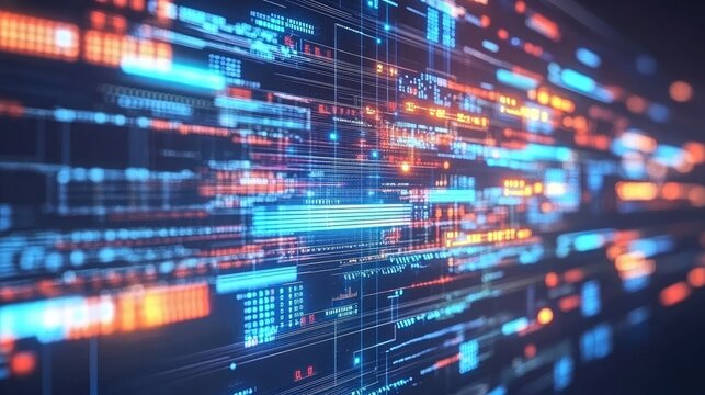 Abstract digital data stream visualization with glowing lines and symbols - Powered by Adobe