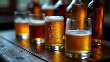 Close-up of various alcoholic beverages being tasted, including whiskey, wine, and beer, showcased on a dark wooden table with glasses and bottles , drinkware, booze, pub
