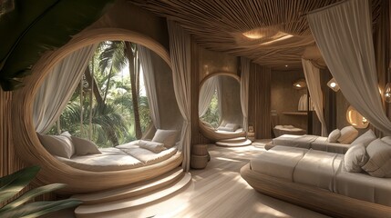 Sustainable, natural-toned rooms with circular windows offering jungle views