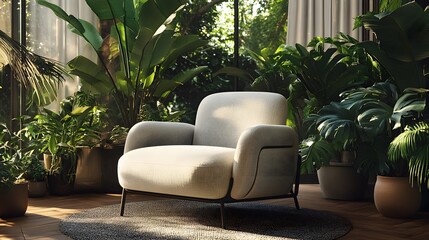 Obraz premium A contemporary armchair nestled within a lush, indoor garden.