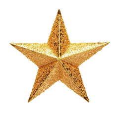 Bright golden Christmas star sparkling against a pure white background in festive holiday spirit, Christmas star isolated on white background
