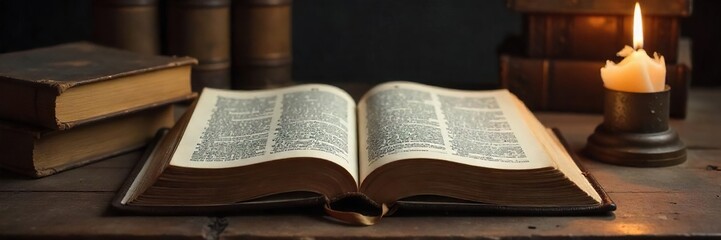 Fototapeta premium A well-worn Bible lies open on an old wooden table, surrounded by other books and a single burning candle, creating a peaceful, contemplative atmosphere , god, cross, devotion