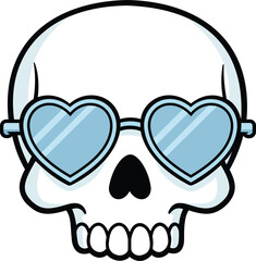 Cartoon Skull with Heart-Shaped Sunglasses – Minimalist Flat Vector Illustration on White Background with Light Blue Accents for Stickers and Pop Art Designs
